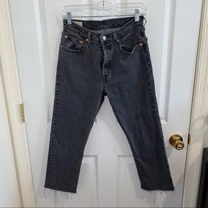 LEVI’S 501 BLACK STRAIGHT LEG ANKLE RAW HEM JEANS